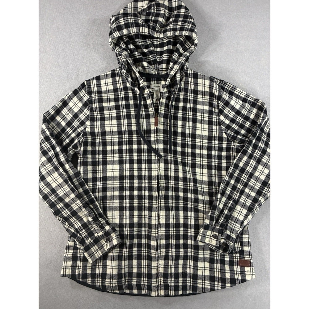 L.L. Bean Relaxed Fit Flannel Zip Up Hoodie. Womens Size Large. Black & White